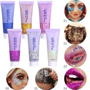 2 Color Face and Body Glitter Gel, Neon Outfit Glow Party for Body Hair Face Nail Glitter Stick Makeup. (03-Pink&06-White Moonbeam)