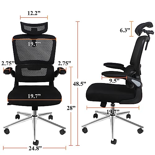 Mesh Ergonomic Office Chair with Flip Up Arms High Back Desk Chair -High Adjustable Headrest with Flip-Up Arms, Tilt Function, Lumbar Support Swivel Computer Chair Task Chair,Executive Chair, Black