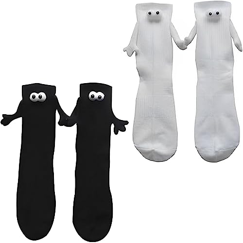 Aohoyaca 2pairs Hand in Hand Socks Friendship Socks Magnet, Magnetic Socks Hand Hold Friend Socks Magnet Holding Hand Couple Socks Big Eye Socks for Couples Friends Sisters Lovers (black + white)