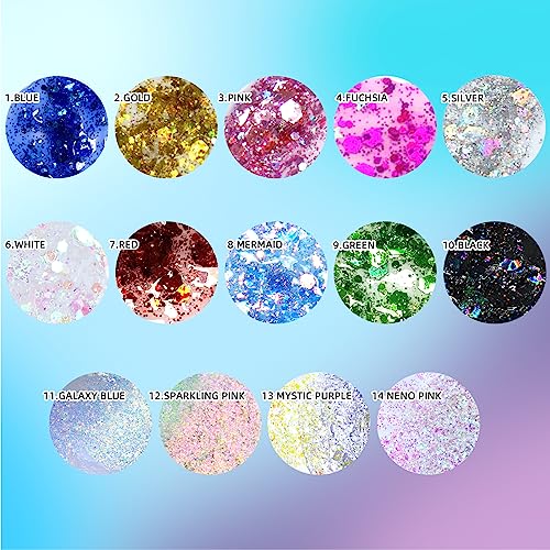 DAGEDA 2Pcs Body Glitter Gel, Face Glitter Gel Body Shimmer Body Sequins Liquid Eyeshadow, Holographic Laser Glitter Makeup Extra Fine Glitter Gel for Women Rave Accessorie (Mermaid and Galaxy Blue)