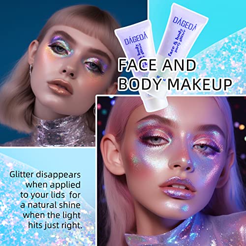 DAGEDA 2Pcs Body Glitter Gel, Face Glitter Gel Body Shimmer Body Sequins Liquid Eyeshadow, Holographic Laser Glitter Makeup Extra Fine Glitter Gel for Women Rave Accessorie (Mermaid and Galaxy Blue)