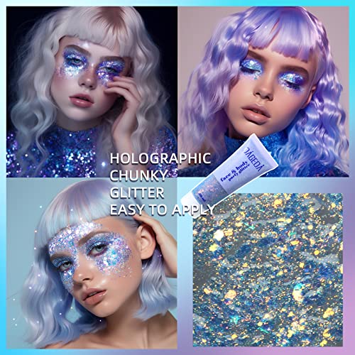 DAGEDA 2Pcs Body Glitter Gel, Face Glitter Gel Body Shimmer Body Sequins Liquid Eyeshadow, Holographic Laser Glitter Makeup Extra Fine Glitter Gel for Women Rave Accessorie (Mermaid and Galaxy Blue)