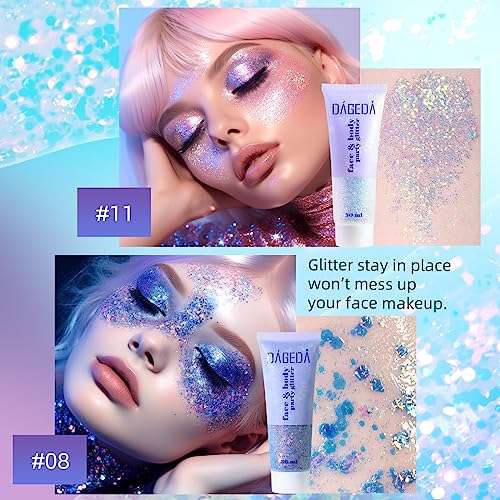 DAGEDA 2Pcs Body Glitter Gel, Face Glitter Gel Body Shimmer Body Sequins Liquid Eyeshadow, Holographic Laser Glitter Makeup Extra Fine Glitter Gel for Women Rave Accessorie (Mermaid and Galaxy Blue)