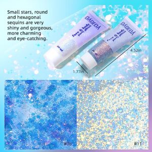 DAGEDA 2Pcs Body Glitter Gel, Face Glitter Gel Body Shimmer Body Sequins Liquid Eyeshadow, Holographic Laser Glitter Makeup Extra Fine Glitter Gel for Women Rave Accessorie (Mermaid and Galaxy Blue)