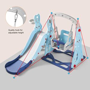 JOYLDIAS 4 in 1 Toddler Slide and Swing Set, Kid Climber Slide Playset w/Safety Belt, Basketball Hoop & Ball, Extra Long Slide, Children Toy Game for Indoor Outdoor Playground Backyard (Blue Rabbit)