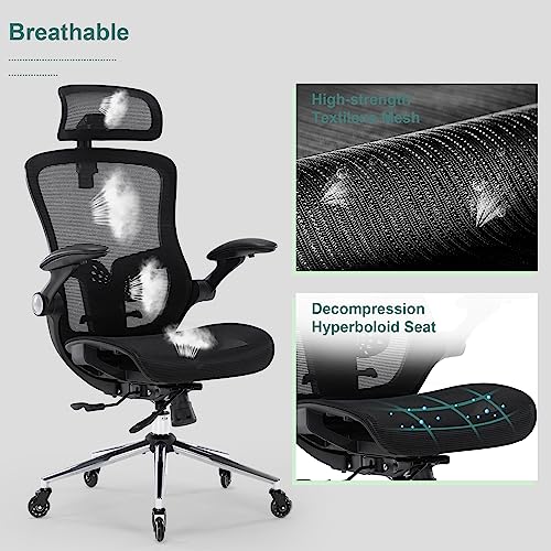 Ergonomic Mesh Office Chair, Home Office Desk Chairs with Adjustable Backrest, High Back Computer Desk Chair with Adjustable Headrest and Flip-Up Arms, Swivel Task Chair (Black)