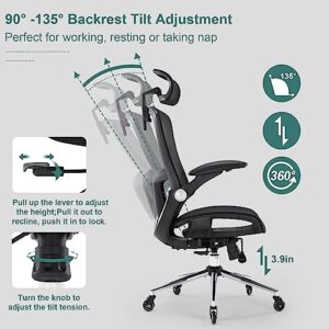 Ergonomic Mesh Office Chair, Home Office Desk Chairs with Adjustable Backrest, High Back Computer Desk Chair with Adjustable Headrest and Flip-Up Arms, Swivel Task Chair (Black)