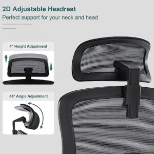 Ergonomic Mesh Office Chair, Home Office Desk Chairs with Adjustable Backrest, High Back Computer Desk Chair with Adjustable Headrest and Flip-Up Arms, Swivel Task Chair (Black)