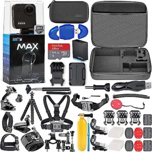 gopro max 360 waterproof action camera 5.6k30 hd video 16.6mp 360 photos + 64gb memory card, high speed card reader + max action bundle (59 items)