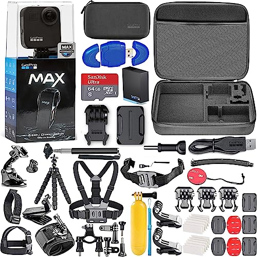 GoPro MAX 360 Waterproof Action Camera 5.6K30 HD Video 16.6MP 360 Photos + 64GB Memory Card, High Speed Card Reader + Max Action Bundle (59 Items)