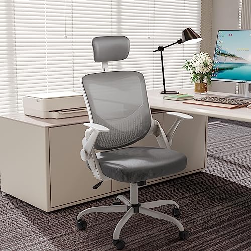 Furmax Office Chair Mesh Desk Chair Ergonomic Chair with Adjustable Headrest and Flip-up Armrests, Swivel Computer Chair with Comfortable Back and Lumbar Suport (Grey)