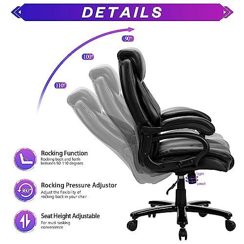 Big and Tall Office Chair 500lbs Large Heavy Duty High Back Executive Computer Office Desk Chair Height Adjustable Rocking Function Wide Thick Seat Ergonomic Desk Chair with Lumbar Back Support