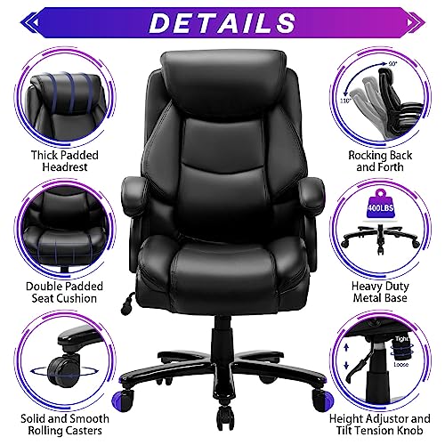 Big and Tall Office Chair 500lbs Large Heavy Duty High Back Executive Computer Office Desk Chair Height Adjustable Rocking Function Wide Thick Seat Ergonomic Desk Chair with Lumbar Back Support