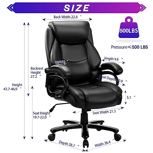 Big and Tall Office Chair 500lbs Large Heavy Duty High Back Executive Computer Office Desk Chair Height Adjustable Rocking Function Wide Thick Seat Ergonomic Desk Chair with Lumbar Back Support