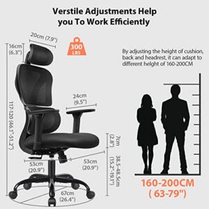 FelixKing Office Chair Ergonomic, Ergo Lumbar Support PC Desk Chair Big and Tall, High Back Mesh Gaming Chair with Adjustable Headrest and 3D Armrests for Home(Black)