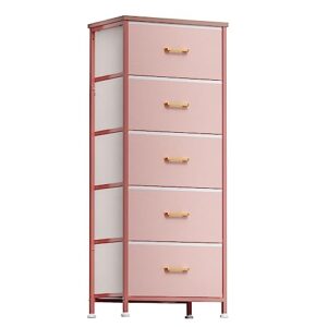 yilqqper dresser for bedroom with 5 drawers, tall storage tower for closet, living room, nursery, pink dresser for girl with sturdy steel frame, fabric bins, leather finish, wood top, pink