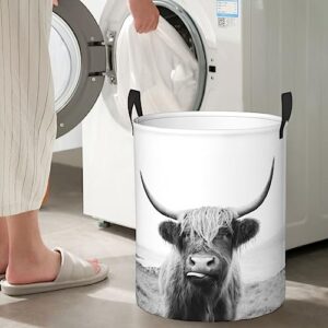 Large Laundry Hamper Scottish Highland Cow on Isle of Mull Collapsible Round Storage Basket Water Resistant Nursery Organizer Bin with Handles Home Organizer for Clothes,Toys (Medium)