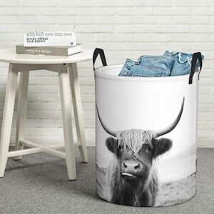 Large Laundry Hamper Scottish Highland Cow on Isle of Mull Collapsible Round Storage Basket Water Resistant Nursery Organizer Bin with Handles Home Organizer for Clothes,Toys (Medium)