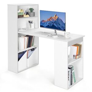 giantex 48 inch computer desk with bookshelf, 3-in-1 home office desk with 4-tier bookcase & cpu stand, space-saving reversible writing desk work table for bedroom, study room, office (white)