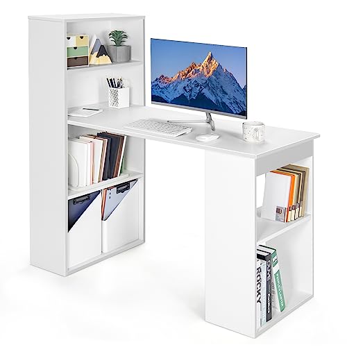 Giantex 48 Inch Computer Desk with Bookshelf, 3-in-1 Home Office Desk with 4-Tier Bookcase & CPU Stand, Space-Saving Reversible Writing Desk Work Table for Bedroom, Study Room, Office (White)