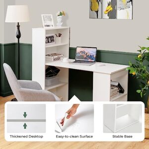 Giantex 48 Inch Computer Desk with Bookshelf, 3-in-1 Home Office Desk with 4-Tier Bookcase & CPU Stand, Space-Saving Reversible Writing Desk Work Table for Bedroom, Study Room, Office (White)