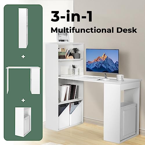 Giantex 48 Inch Computer Desk with Bookshelf, 3-in-1 Home Office Desk with 4-Tier Bookcase & CPU Stand, Space-Saving Reversible Writing Desk Work Table for Bedroom, Study Room, Office (White)