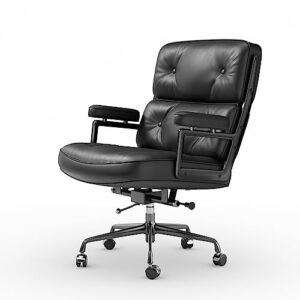 office chair- aluminum arms thickened backrest lumbar support, executive desk chair, genuine grain leather thick padded strong aluminum base quiet wheels, ergonomic mid back leather computer chair
