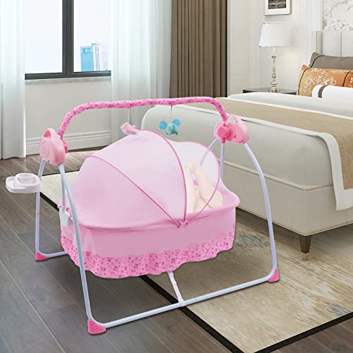 Guaopom Electric Baby Crib Cradle, Auto Rocking Chair Chair Bed, 5 Speed with Remote Control Infant Musical Sleeping Basket for 0-18 Months Newborn Babies (Pink)