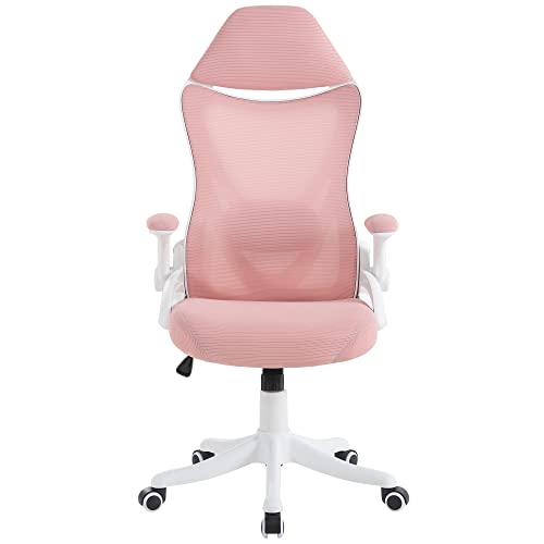 CEMKAR Ergonomic Office Chair, Home Office Desk Chairs with Thickened Cushion Waist Support and Adjustable Headrest Flip Arm, Metal Base Adjustable Mesh Swivel Designer High Back Office Chair (Pink)