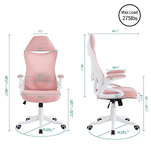CEMKAR Ergonomic Office Chair, Home Office Desk Chairs with Thickened Cushion Waist Support and Adjustable Headrest Flip Arm, Metal Base Adjustable Mesh Swivel Designer High Back Office Chair (Pink)