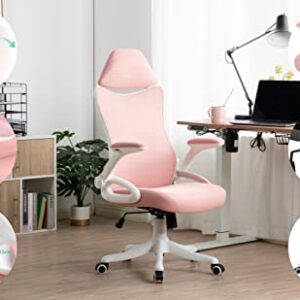 CEMKAR Ergonomic Office Chair, Home Office Desk Chairs with Thickened Cushion Waist Support and Adjustable Headrest Flip Arm, Metal Base Adjustable Mesh Swivel Designer High Back Office Chair (Pink)