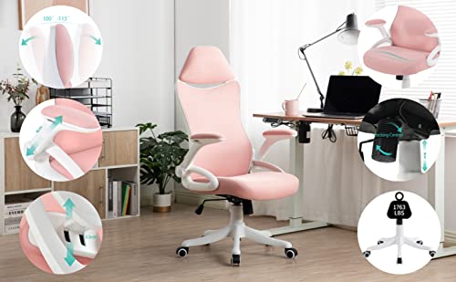 CEMKAR Ergonomic Office Chair, Home Office Desk Chairs with Thickened Cushion Waist Support and Adjustable Headrest Flip Arm, Metal Base Adjustable Mesh Swivel Designer High Back Office Chair (Pink)