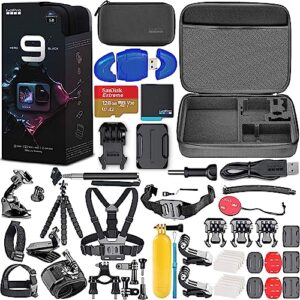 gopro hero9 black - waterproof action camera with front lcd, touch rear screens, 5k video, 20mp photos, 1080p live streaming, stabilization + 128gb memory, card reader + more (58pc bundle)