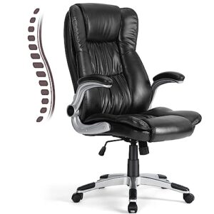 big and tall office chair - executive home office desk chair with flip up arms ergonomic lumbar back support, heavy duty, high back, pu leather, black
