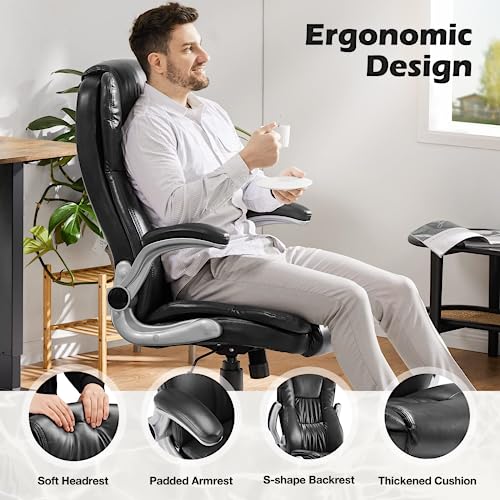 Big and Tall Office Chair - Executive Home Office Desk Chair with Flip Up Arms Ergonomic Lumbar Back Support, Heavy Duty, High Back, PU Leather, Black