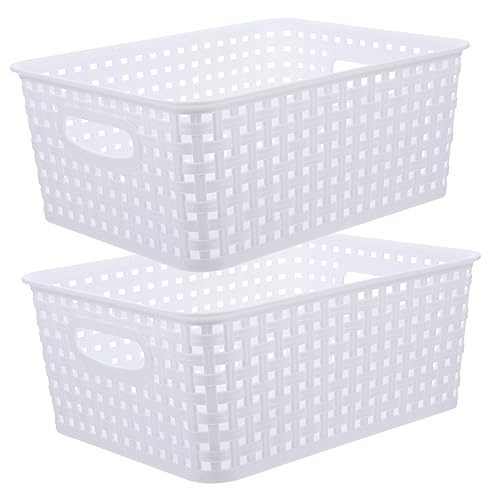 JOINPAYA 2pcs mini hamper mini woven hamper plastic storage bin simple to weave basket for office plastic barrel the basket dressing table plastic bins for storage file basket tray white