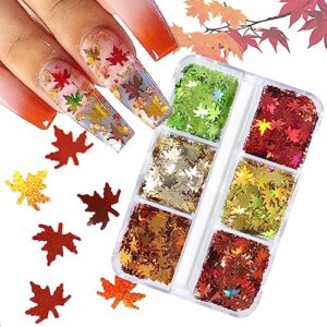 autumn fall leaf nail glitter shapes thanksgiving maple leaf glitter sequins holographic nail sequins shapes mixed leaf confetti halloween fall maple leaf glitter flake design decoration(6 grids)