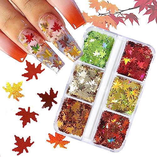 Autumn Fall Leaf Nail Glitter Shapes Thanksgiving Maple Leaf Glitter Sequins Holographic Nail Sequins Shapes Mixed Leaf Confetti Halloween Fall Maple Leaf Glitter Flake Design Decoration(6 Grids)