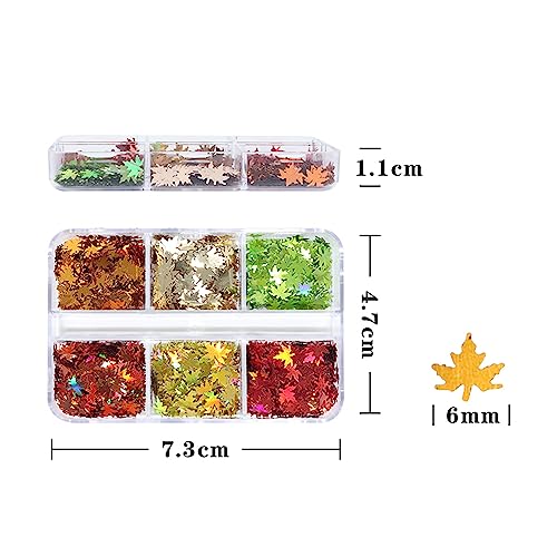 Autumn Fall Leaf Nail Glitter Shapes Thanksgiving Maple Leaf Glitter Sequins Holographic Nail Sequins Shapes Mixed Leaf Confetti Halloween Fall Maple Leaf Glitter Flake Design Decoration(6 Grids)