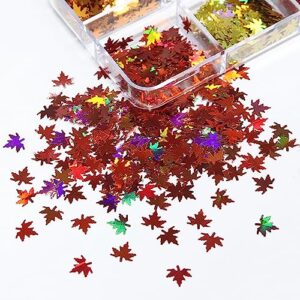 Autumn Fall Leaf Nail Glitter Shapes Thanksgiving Maple Leaf Glitter Sequins Holographic Nail Sequins Shapes Mixed Leaf Confetti Halloween Fall Maple Leaf Glitter Flake Design Decoration(6 Grids)