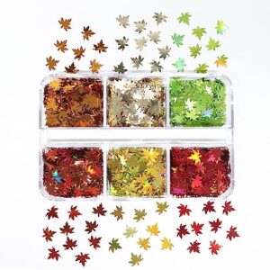 Autumn Fall Leaf Nail Glitter Shapes Thanksgiving Maple Leaf Glitter Sequins Holographic Nail Sequins Shapes Mixed Leaf Confetti Halloween Fall Maple Leaf Glitter Flake Design Decoration(6 Grids)