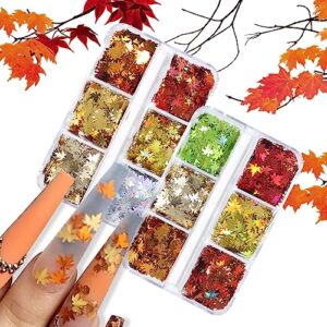 Autumn Fall Leaf Nail Glitter Shapes Thanksgiving Maple Leaf Glitter Sequins Holographic Nail Sequins Shapes Mixed Leaf Confetti Halloween Fall Maple Leaf Glitter Flake Design Decoration(6 Grids)