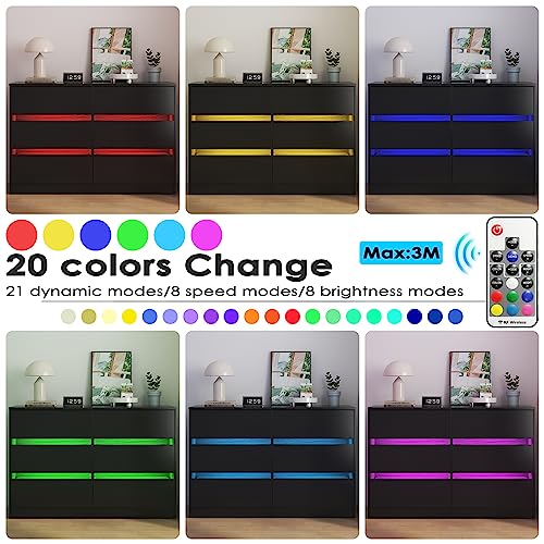 Gdvsclr 6 Drawer Double Dresser, Bedroom Dresser with LED Light, Wood Dresser for Nursery, Living Room, Hallway, Handless Design, 47.2''W×15.7''D×30.2''H (Black)