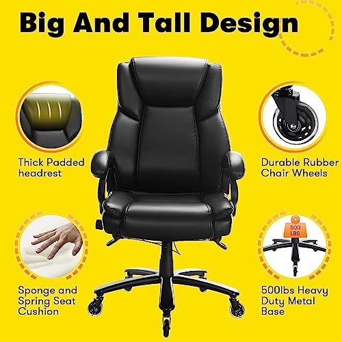 OFIKA Big and Tall Office Chair,400LBS Capacity Heavy Duty Office Chair for Heavy People, High Back PU Leather Executive Desk Chair with Wide Seat (Black)