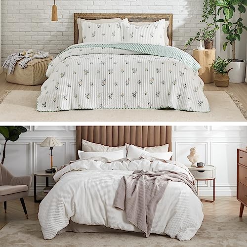 Bedsure Floral Quilt Set Queen & Cotton Duvet Cover Queen, Botanical Spring Flower Bedspread and Waffle Weave Coconut White Duvet Cover with 2 Pillow Shams