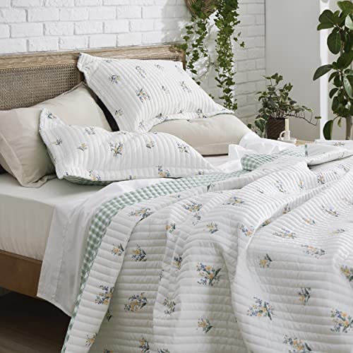 Bedsure Floral Quilt Set Queen & Cotton Duvet Cover Queen, Botanical Spring Flower Bedspread and Waffle Weave Coconut White Duvet Cover with 2 Pillow Shams