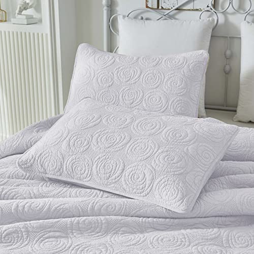 Brandream 5-Piece White Quilts 100% Cotton Queen Size Quilt Bedding Set Rose Matelasse Bedspread Set Breathable Lightweight