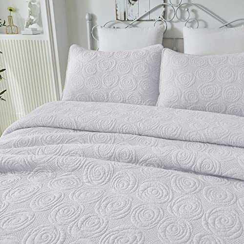 Brandream 5-Piece White Quilts 100% Cotton Queen Size Quilt Bedding Set Rose Matelasse Bedspread Set Breathable Lightweight