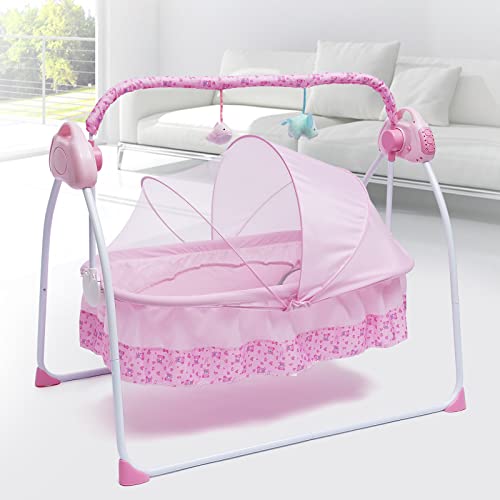 Guaopom Electric Baby Crib Cradle, 0-25Kg Big Space Auto Rocking Chair Chair Bed, 5 Speed with Remote Control Infant Musical Sleeping Basket Baby Cradle for 0-18 Months Newborn Babies (Pink)