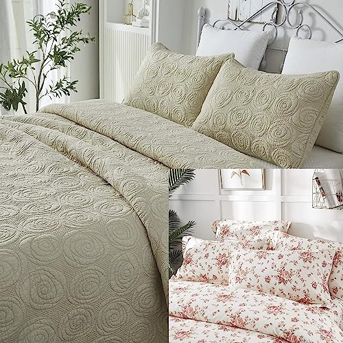 Brandream 5-Piece Beige Quilts 100% Cotton King Size Quilt Bedding Set Shabby Rustic Rose Matelasse Coverlet Set